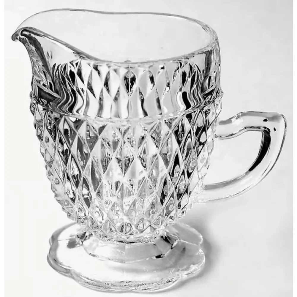 Indiana Glass Diamond Point Crystal Pressed Glass Sugar & Creamer Set Scallop